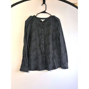 Bean Signature Button-Up Shirt Tencel Long Sleeve Bird Print Black‎ Size 16